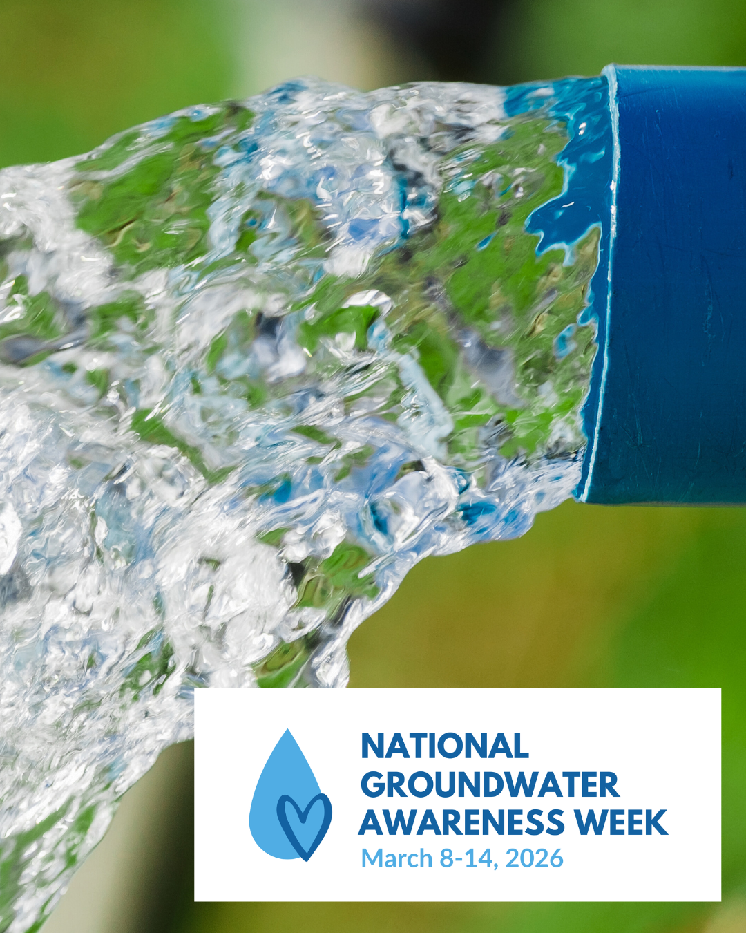 water flowing out of a blue pipe and logo for National Groundwater Awareness Week